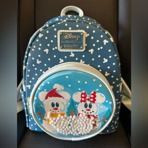 Disney Loungefly Snowman Mickey & Minnie Snow Glob Mini BackPack (Holiday) EUC